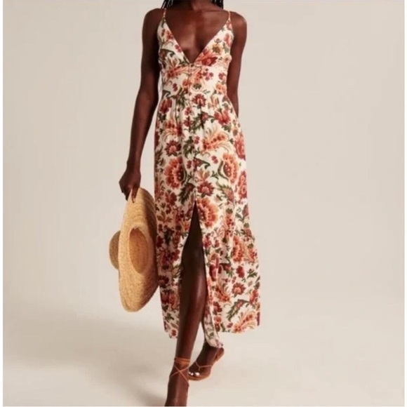 ABERCROMBIE & FITCH Linen Blend Floral Button Maxi Dress Size M Tall - Picture 2 of 10